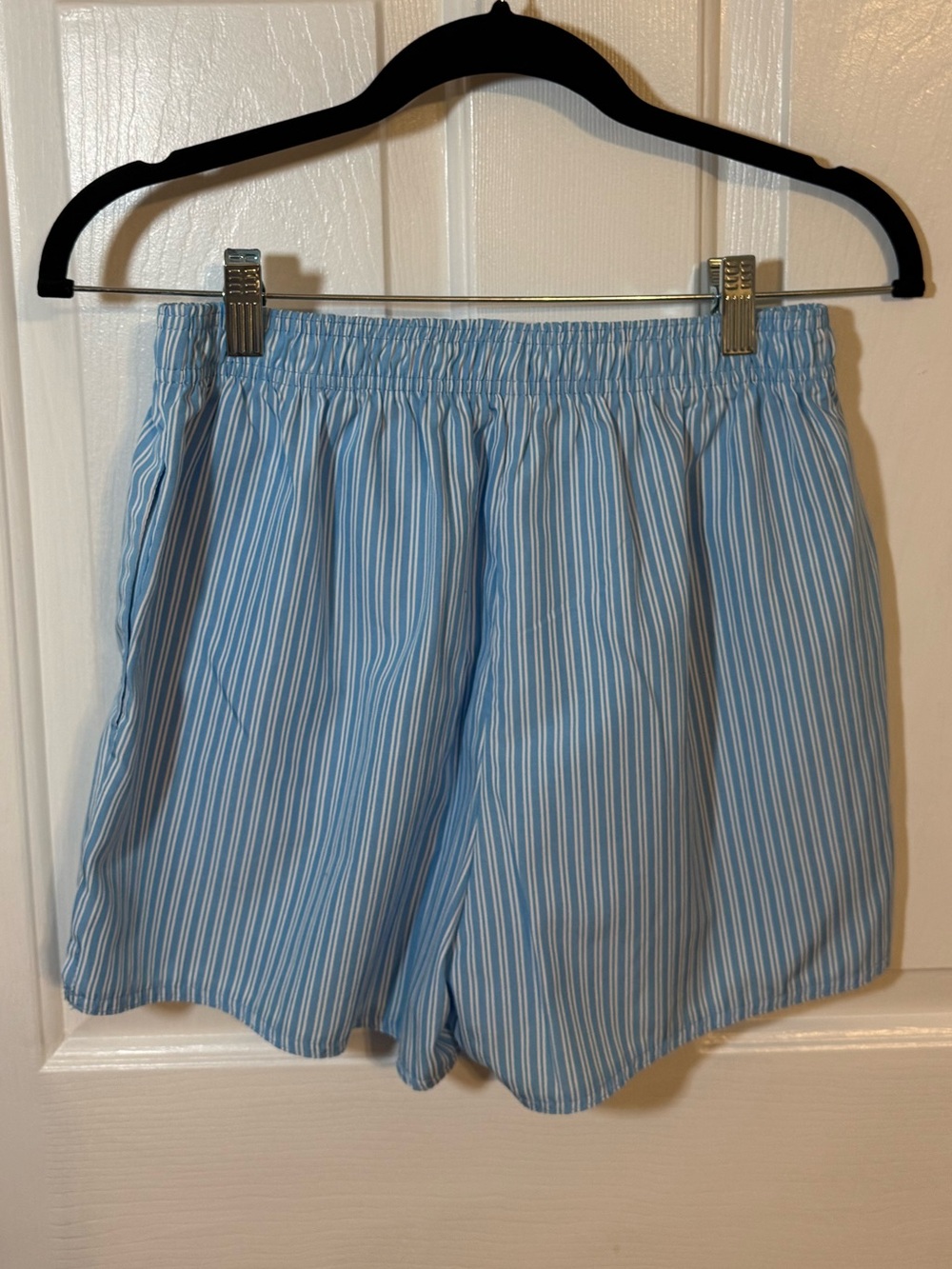 Women's Light Blue Striped Elastic-Waist Bermuda Shorts